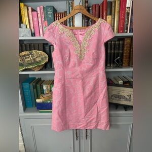 LILY PULITZER ANNIE DRESS PINK METALLIC GOLD SILVER FLORAL JACQUARD COCKTAIL